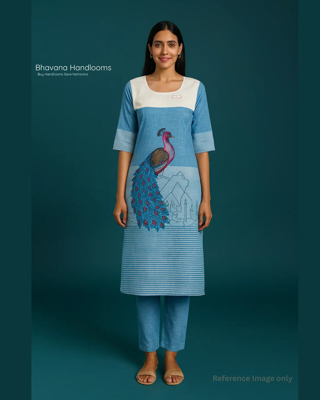 Peacock Design Straight Cut Kurti Sky Blue with Full Length Lining