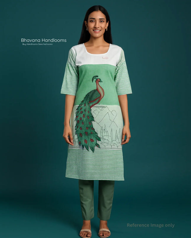 Peacock Design Straight Cut Kurti Sea Green with Full Length Lining