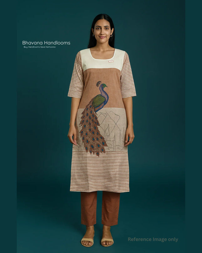 Peacock Design Straight Cut Kurti Brown with Full Length Lining