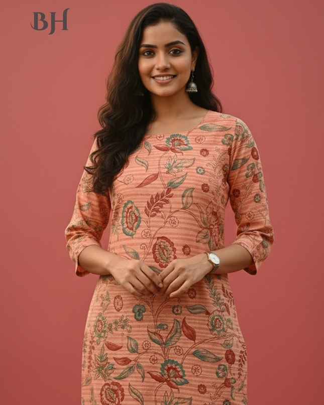 Premium Cotton Straight Cut Kurti Orange – Elegant Floral Print Design