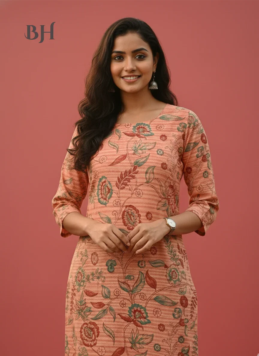Premium Cotton Straight Cut Kurti Orange – Elegant Floral Print Design