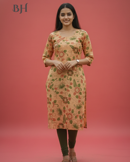Premium Cotton Straight Cut Kurti Orange – Elegant Floral Print for Women