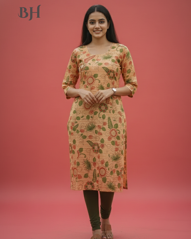 Premium Cotton Straight Cut Kurti Orange – Elegant Floral Print for Women