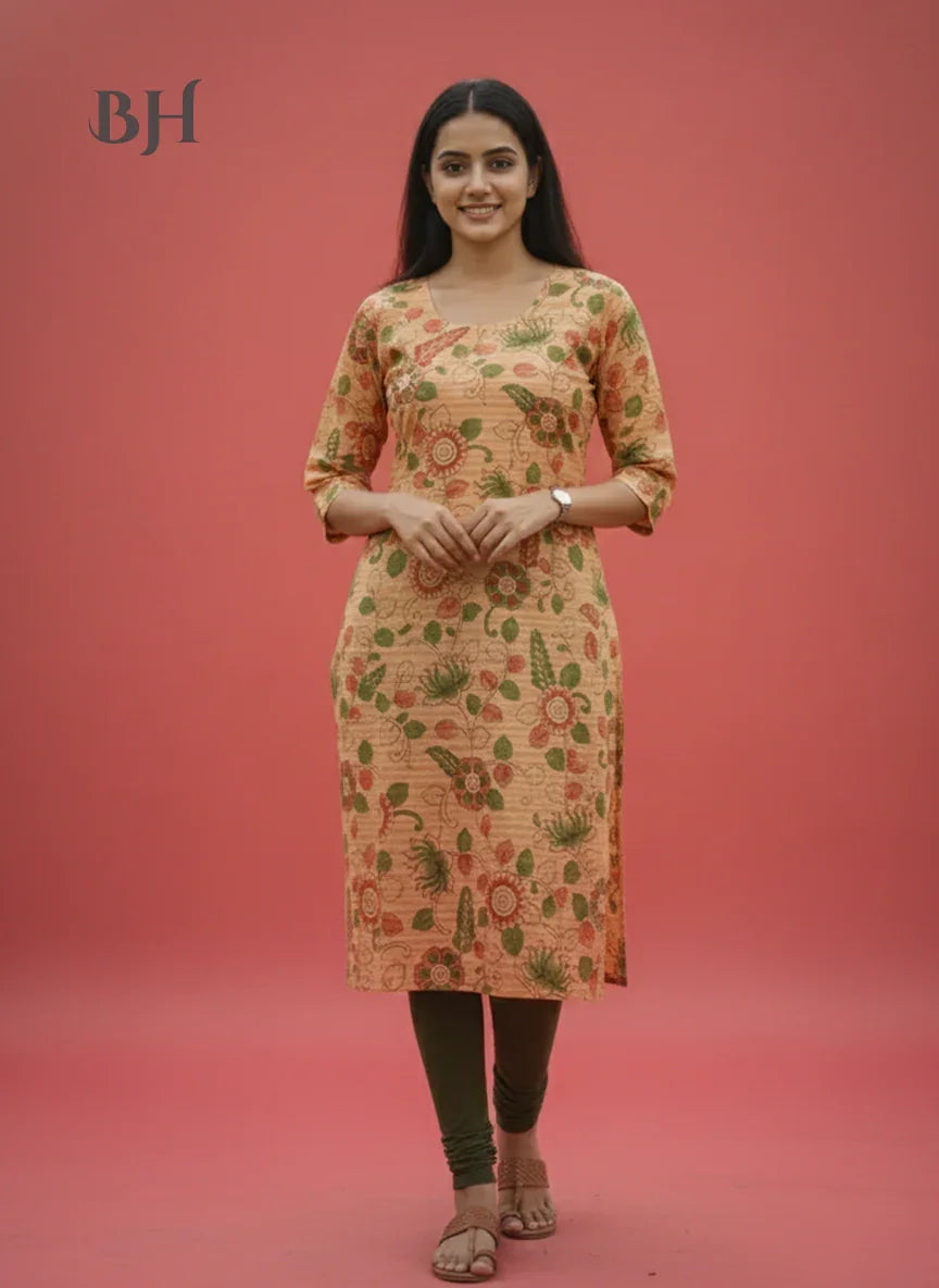 Premium Cotton Straight Cut Kurti Orange – Elegant Floral Print for Women