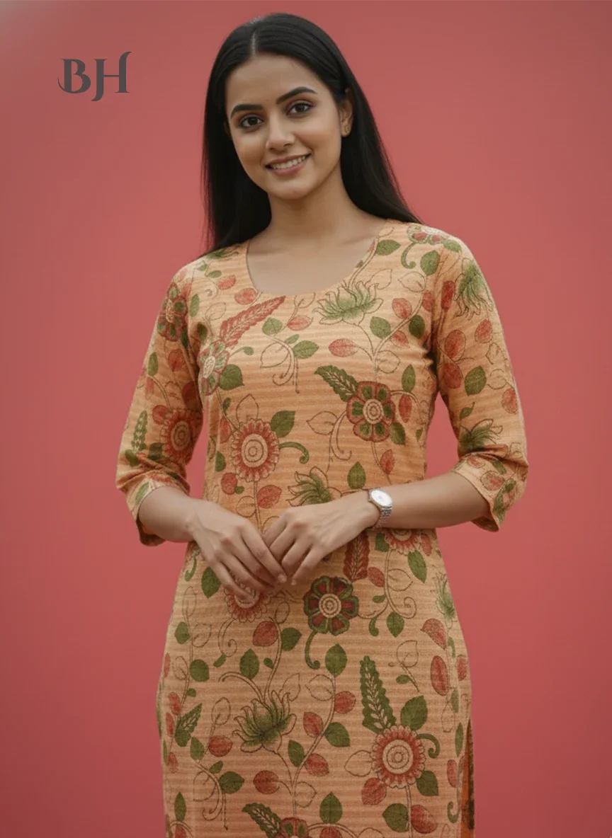 Premium Cotton Straight Cut Kurti Orange – Elegant Floral Print for Women