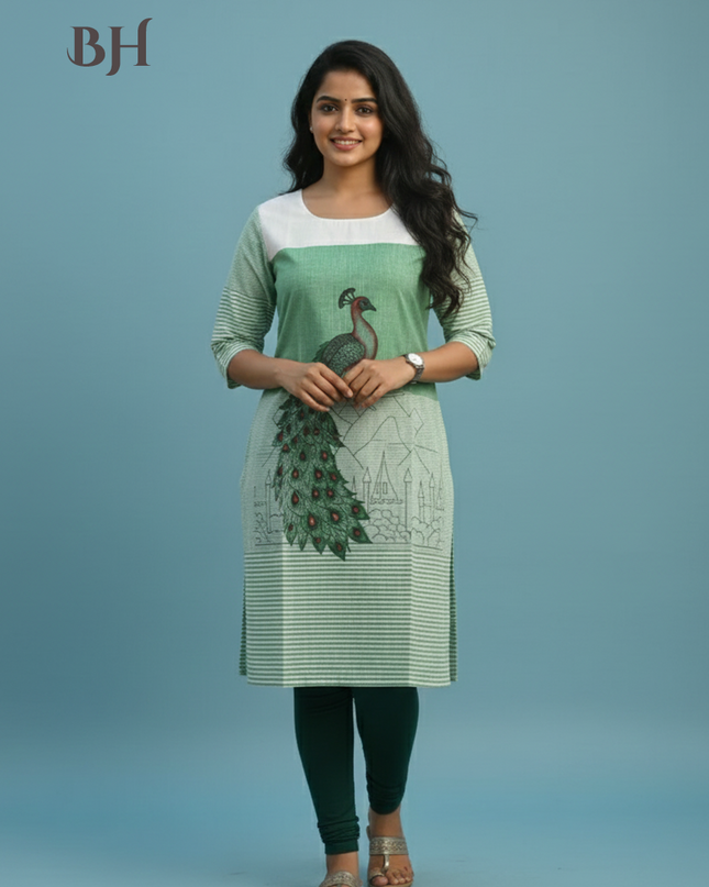Peacock Design Straight Cut Kurti Sea Green with Full Length Lining