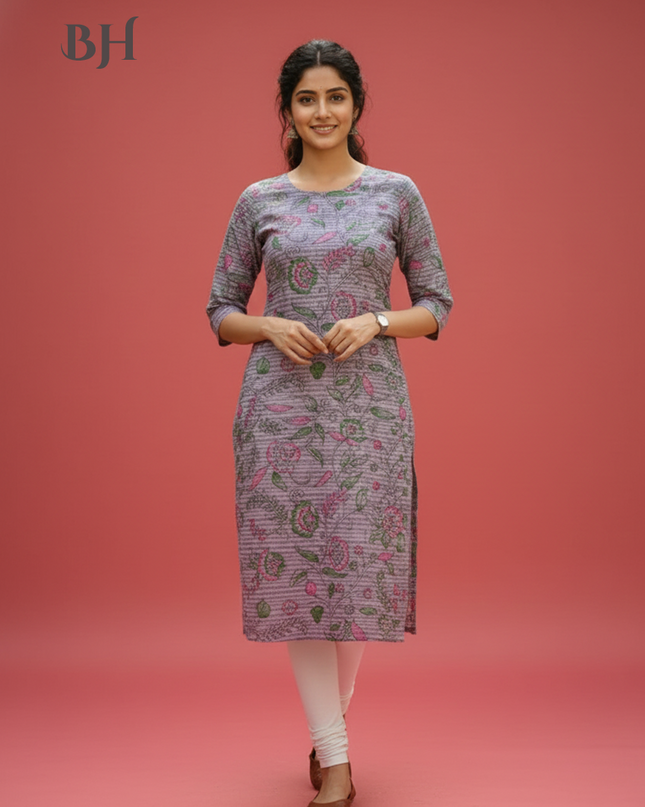 Premium Cotton Straight Cut Kurti Lavender – Elegant Floral Print Design