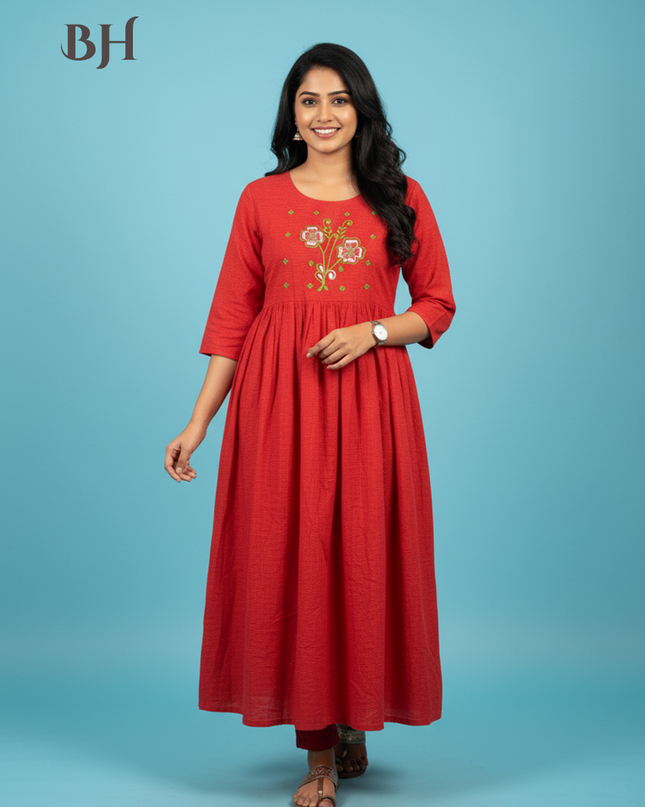 Cotton Plain Long Frock with Lava Red Colour