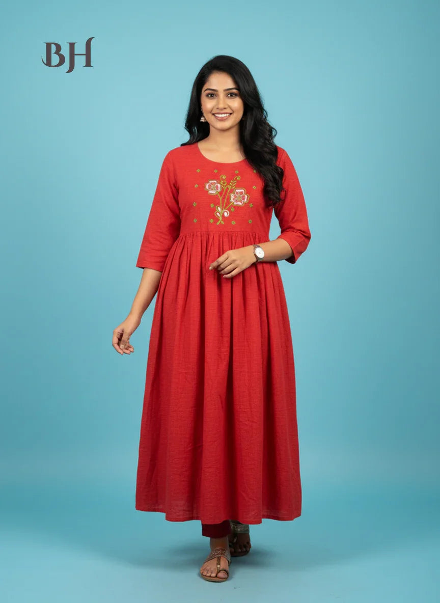 Cotton Plain Long Frock with Lava Red Colour