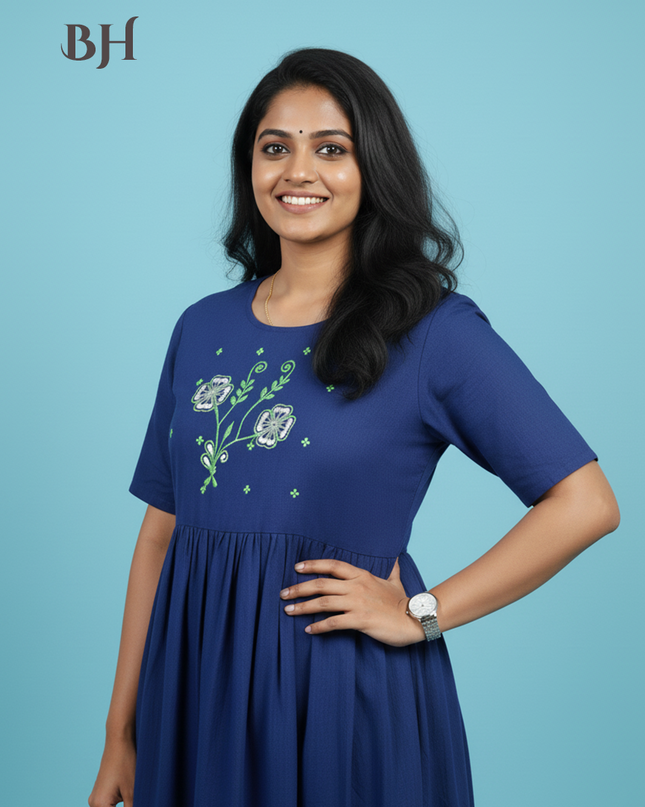 Cotton Plain Long Frock with Dusk Blue Colour