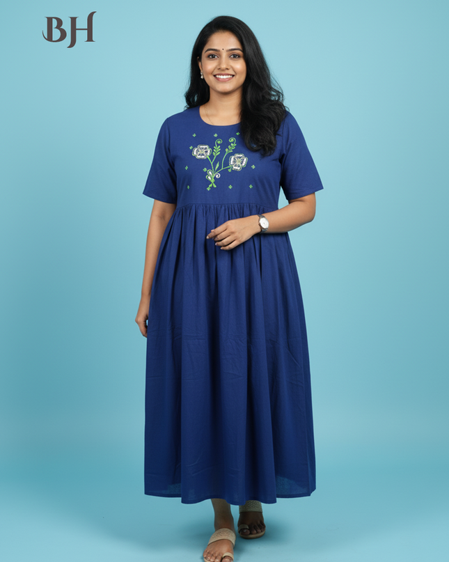 Cotton Plain Long Frock with Dusk Blue Colour