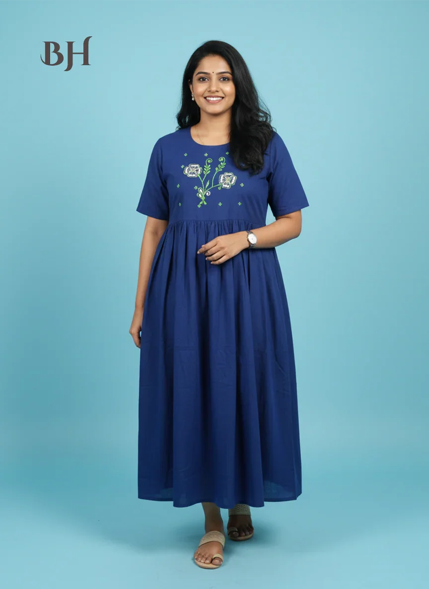 Cotton Plain Long Frock with Dusk Blue Colour