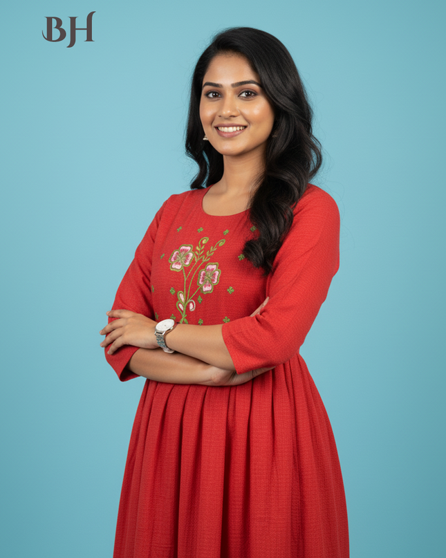 Cotton Plain Long Frock with Lava Red Colour