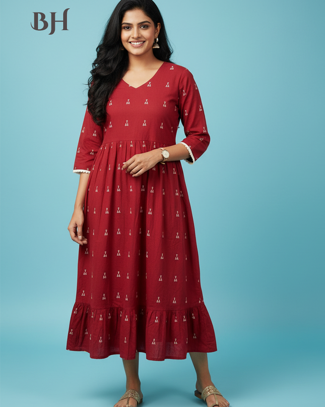 Premium Red Cotton Frock – Elegant Party & Casual Wear Dress