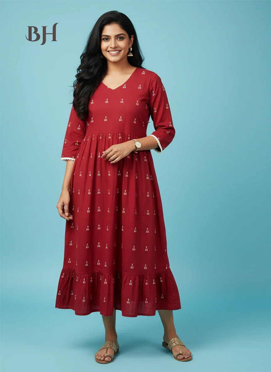 Premium Red Cotton Frock – Elegant Party & Casual Wear Dress