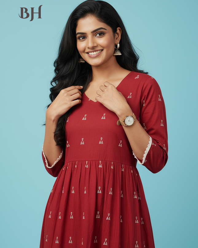Premium Red Cotton Frock – Elegant Party & Casual Wear Dress