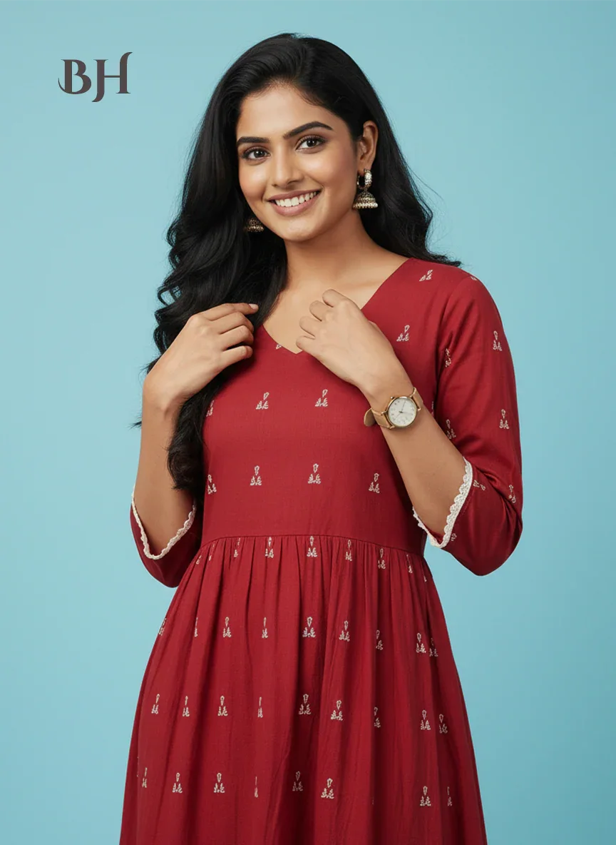 Premium Red Cotton Frock – Elegant Party & Casual Wear Dress