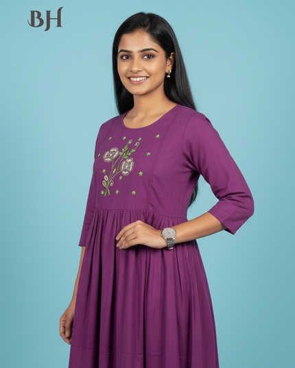 Cotton Plain Long Frock with Light Plum Colour