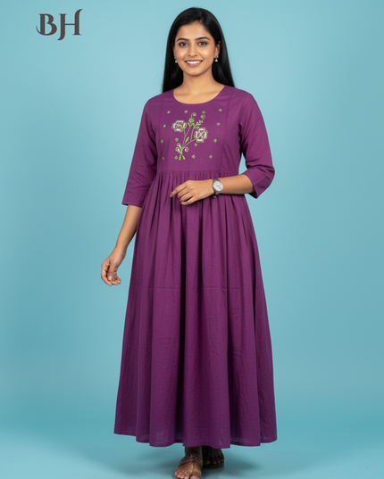Cotton Plain Long Frock with Light Plum Colour