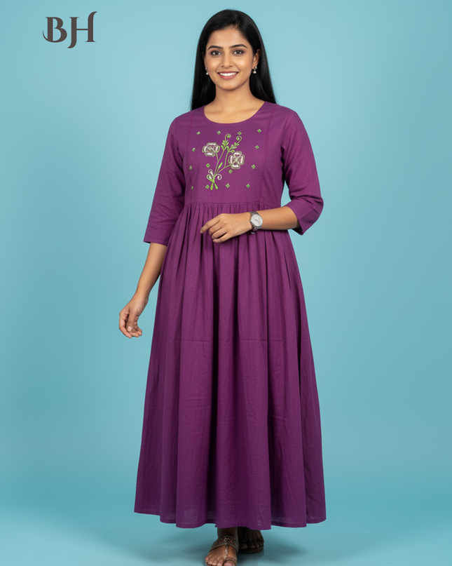 Cotton Plain Long Frock with Light Plum Colour