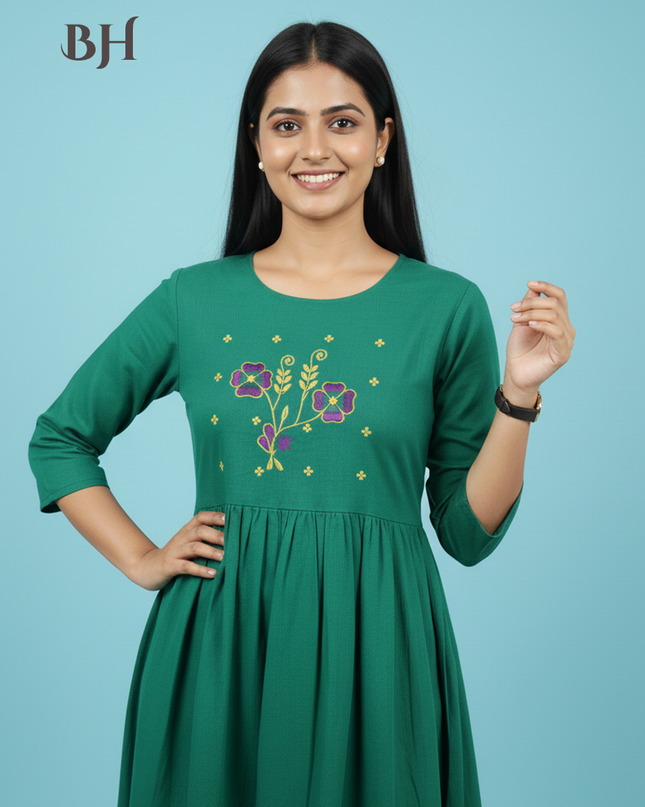 Cotton Plain Long Frock with Dark Cyan Colour