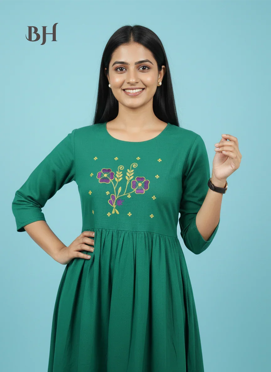 Cotton Plain Long Frock with Dark Cyan Colour