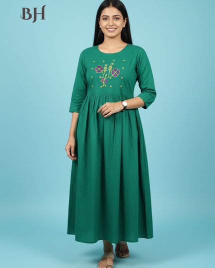 Cotton Plain Long Frock with Dark Cyan Colour