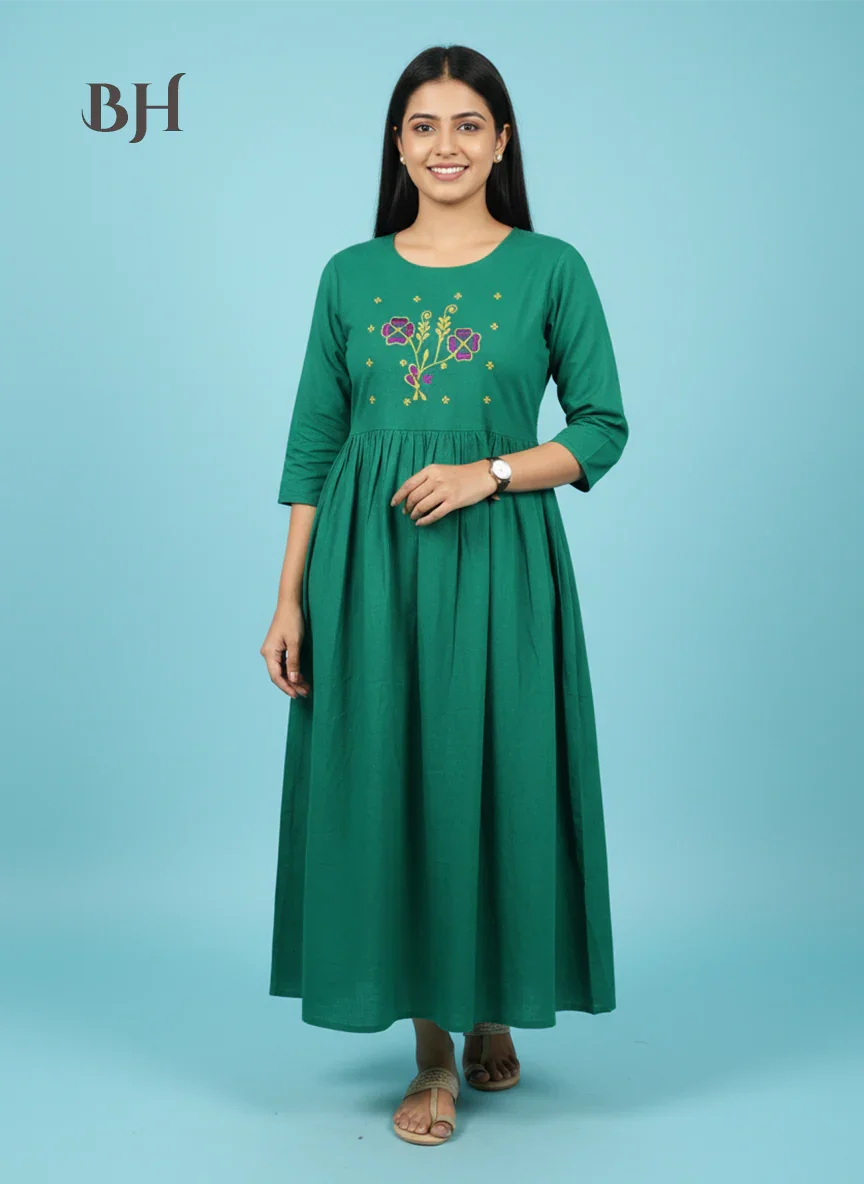 Cotton Plain Long Frock with Dark Cyan Colour