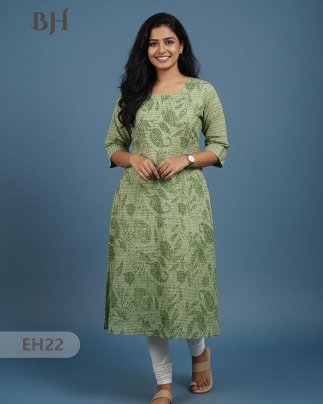 Premium Straight Cut Kurti – Green Colour with Beautiful Floral Print