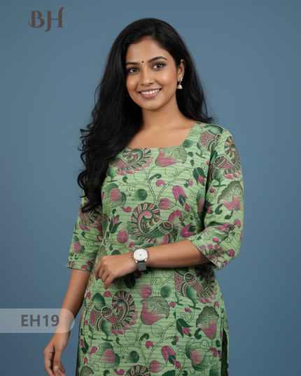Premium Straight Cut Kurti – Green Colour with Beautiful Floral Print