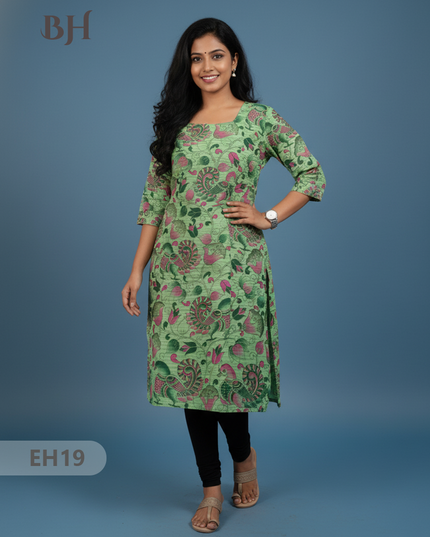 Premium Straight Cut Kurti – Green Colour with Beautiful Floral Print