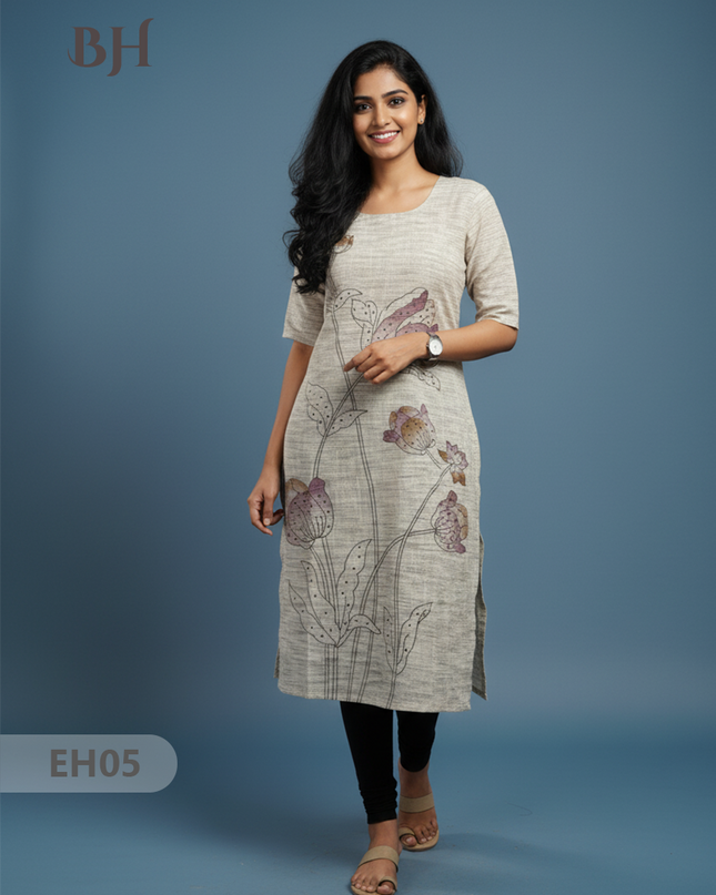 Premium Cotton Straight Cut Kurti – Biscuit Floral Print Design for Women