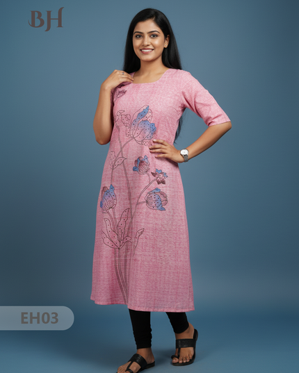 Premium Straight Cut Kurti – Pink Colour with Beautiful Floral Print