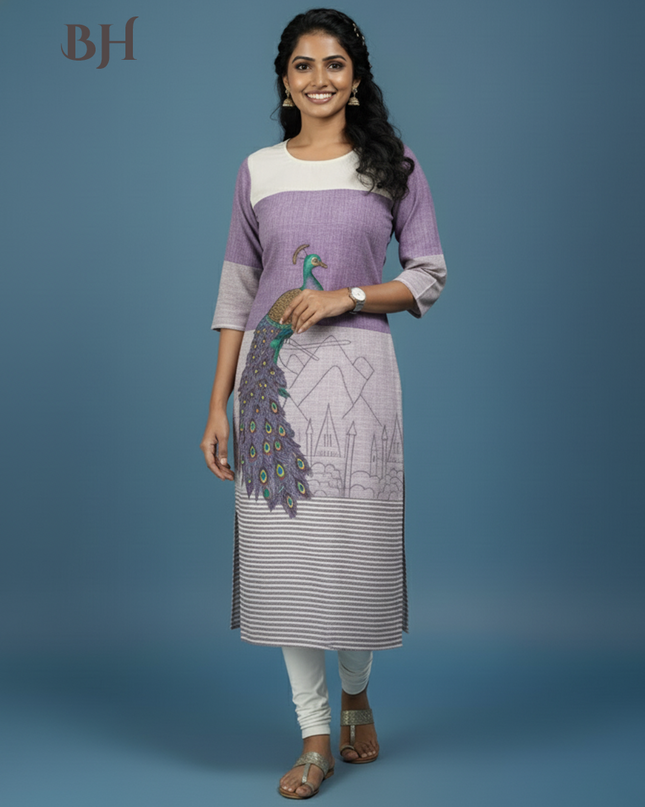 Peacock Design Straight Cut Kurti Lavender with Full Length Lining