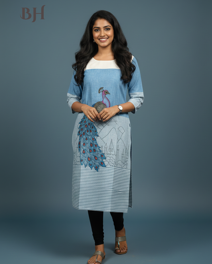Peacock Design Straight Cut Kurti Sky Blue with Full Length Lining