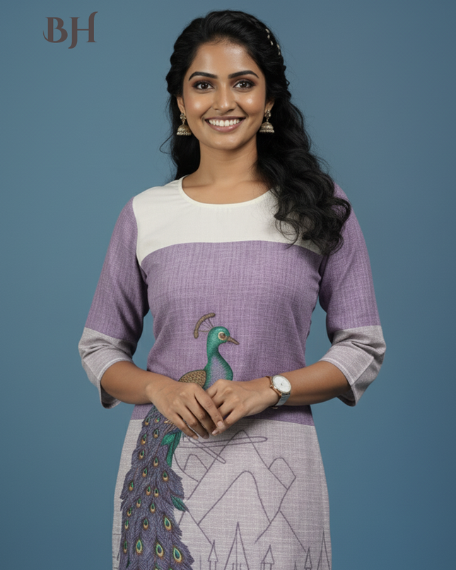 Peacock Design Straight Cut Kurti Lavender with Full Length Lining