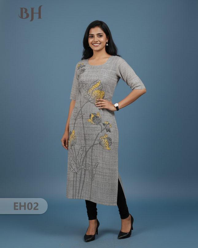 Premium Cotton Straight Cut Kurti with Floral Print with Grey Color