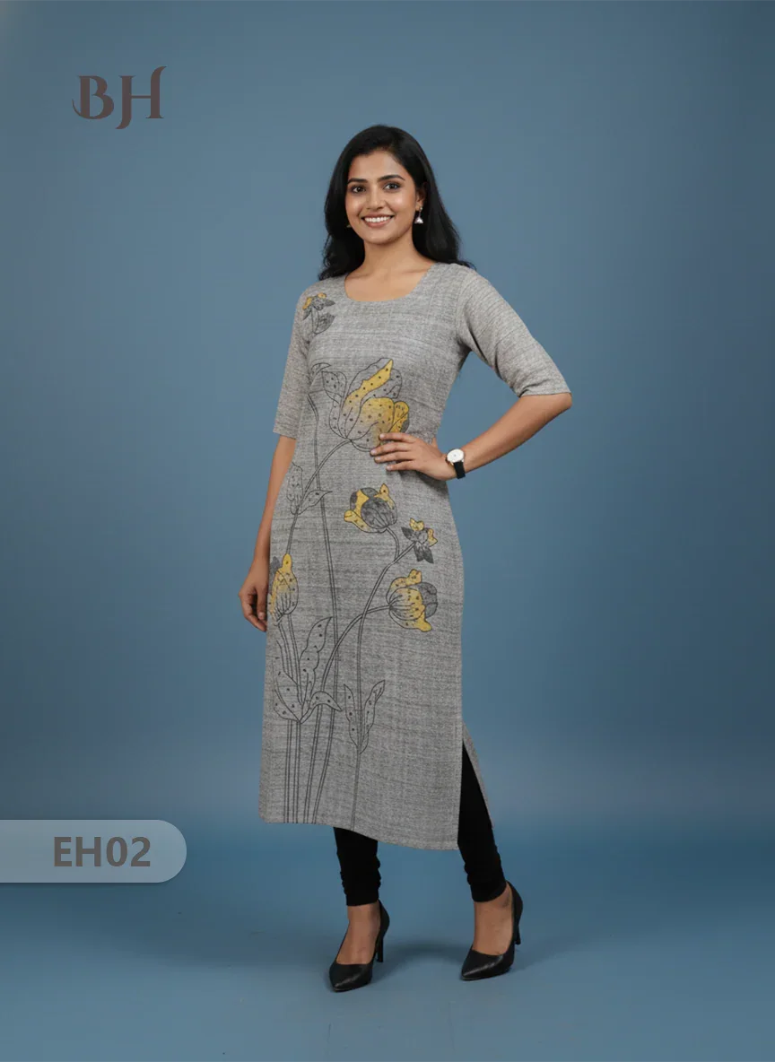 Premium Cotton Straight Cut Kurti with Floral Print with Grey Color