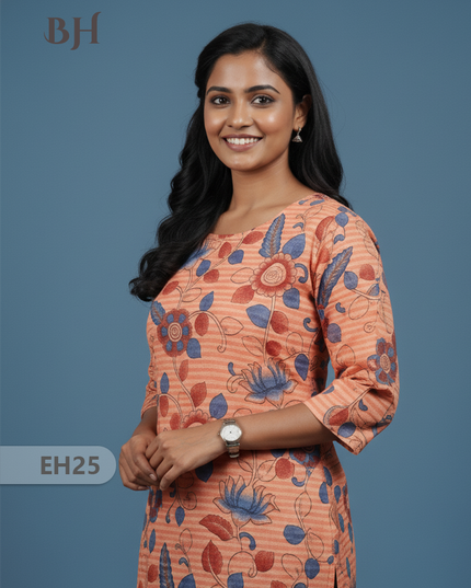 Premium Cotton Straight Cut Kurti Orange – Elegant Floral Print for Women