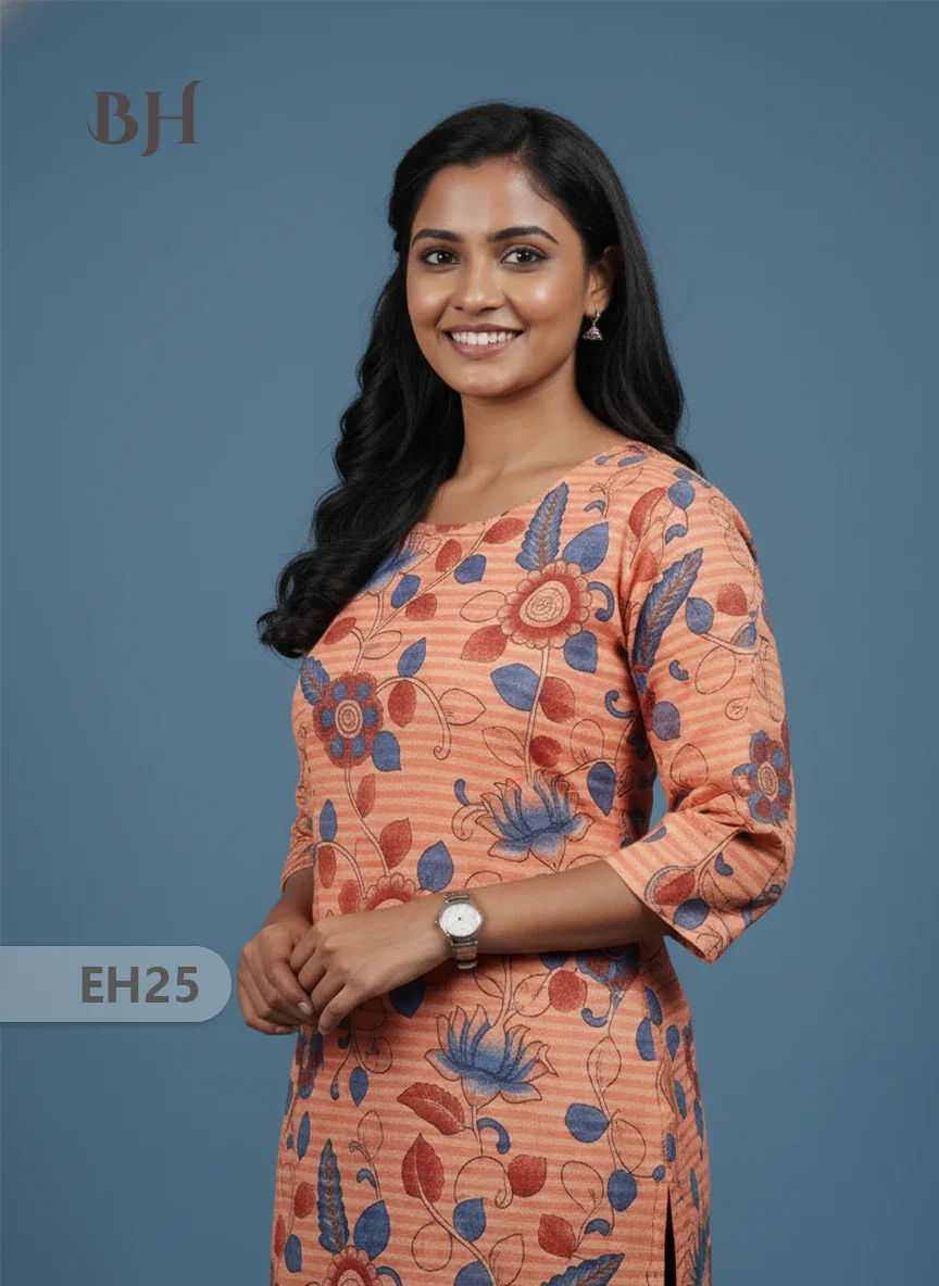 Premium Cotton Straight Cut Kurti Orange – Elegant Floral Print for Women