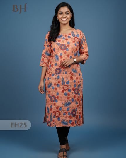 Premium Cotton Straight Cut Kurti Orange – Elegant Floral Print for Women