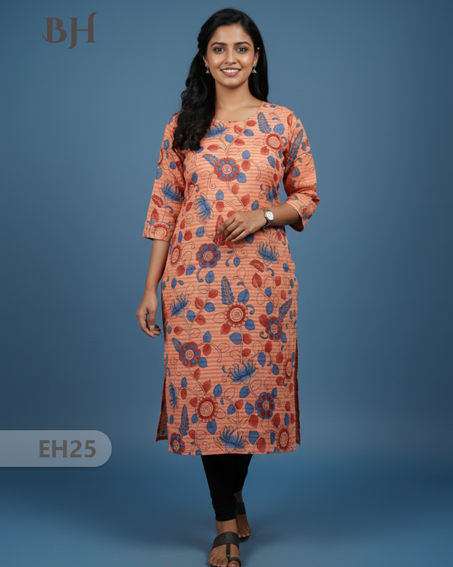 Premium Cotton Straight Cut Kurti Orange – Elegant Floral Print for Women