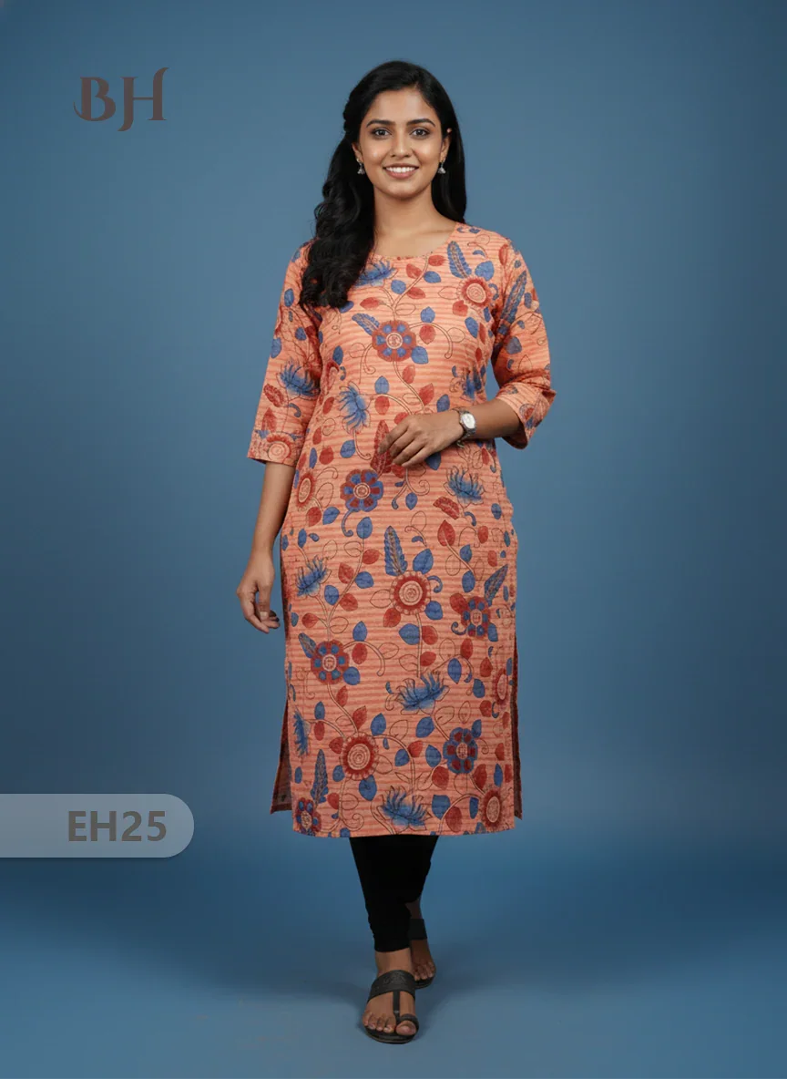 Premium Cotton Straight Cut Kurti Orange – Elegant Floral Print for Women