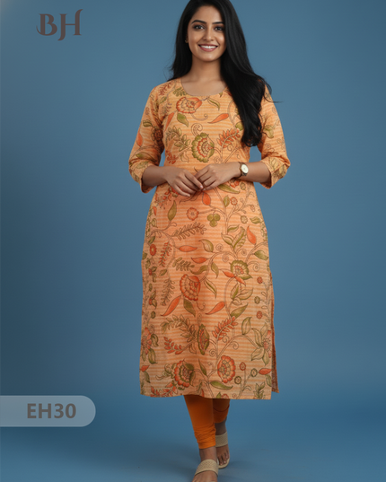 Premium Cotton Straight Cut Kurti – Fiery Orange Floral Print Design