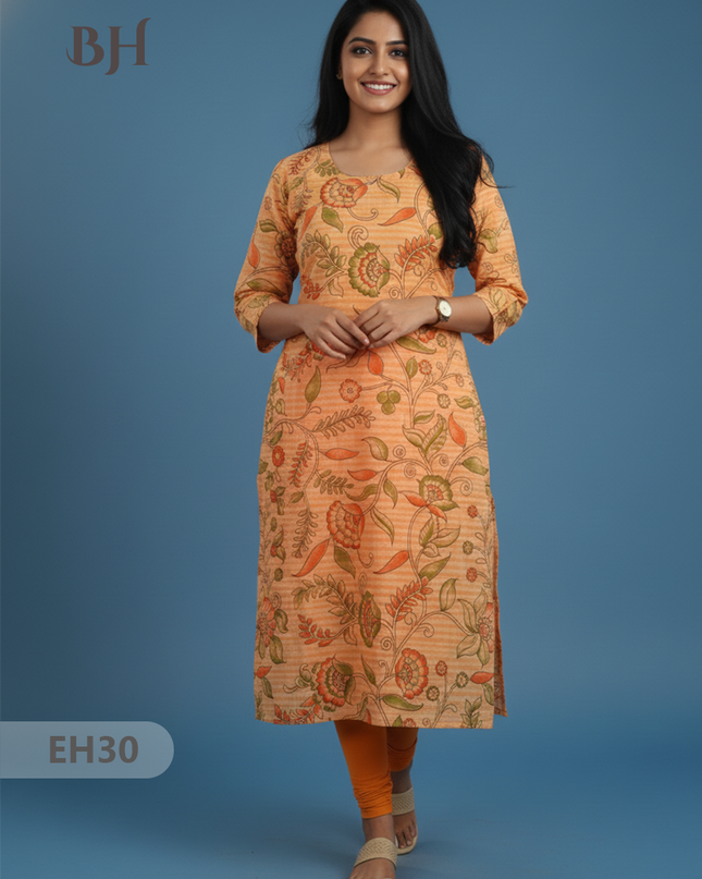 Premium Cotton Straight Cut Kurti – Fiery Orange Floral Print Design
