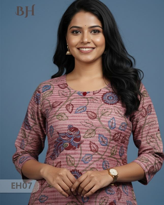 Premium Cotton Straight Cut Kurti – Copper Rose Floral Print Design for Women