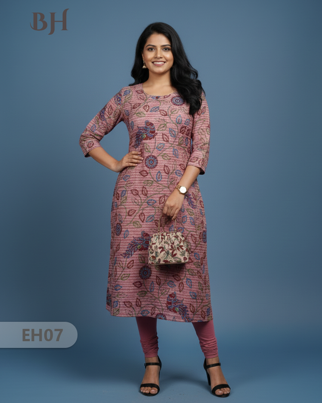 Premium Cotton Straight Cut Kurti – Copper Rose Floral Print Design for Women
