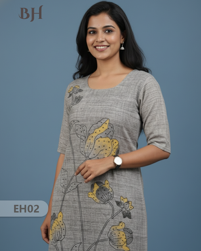 Premium Cotton Straight Cut Kurti with Floral Print with Grey Color