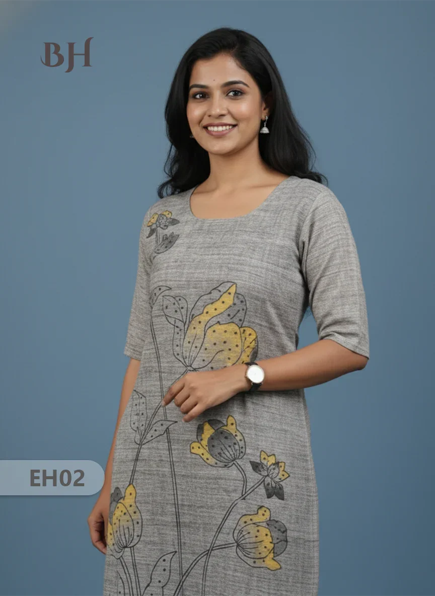 Premium Cotton Straight Cut Kurti with Floral Print with Grey Color