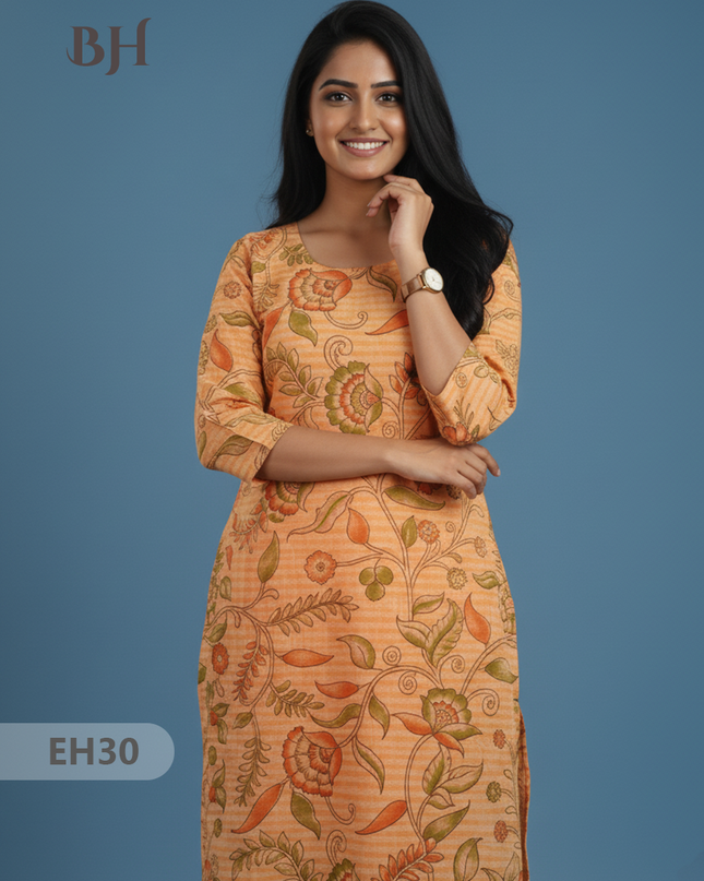 Premium Cotton Straight Cut Kurti – Fiery Orange Floral Print Design